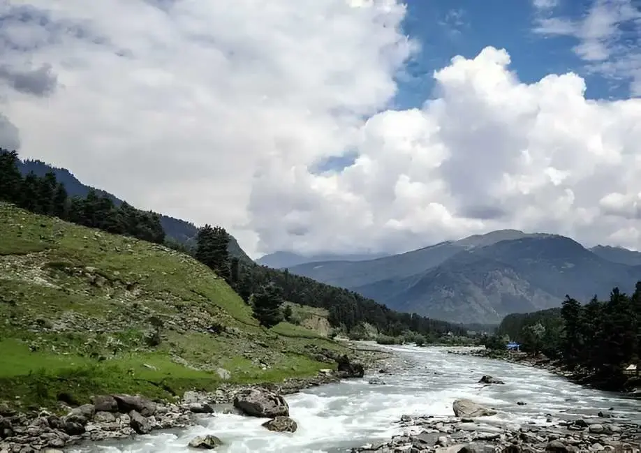 Tranquil Lidder River flowing through Pahalgam Kashmir